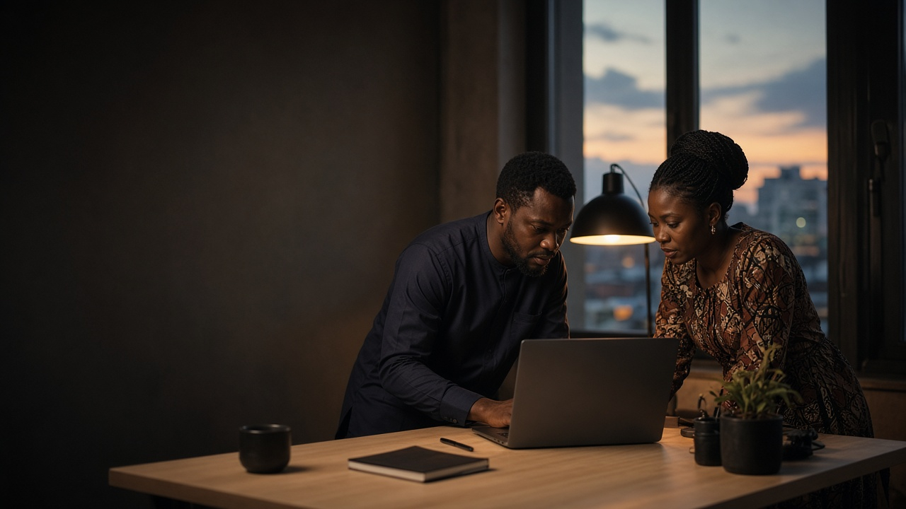 Two product designers reviewing work at a laptop